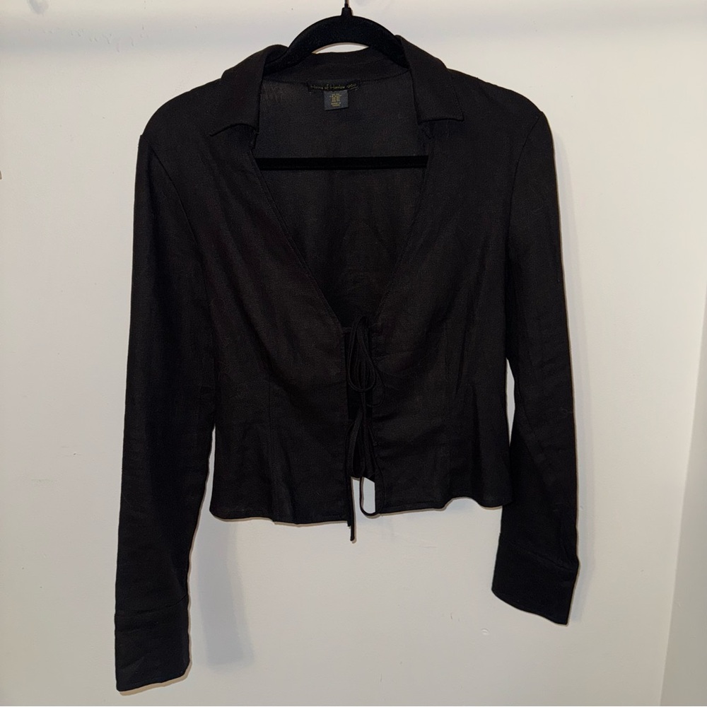 House of Harlow Black Linen Long Sleeve Tie Front Shirt (XS)